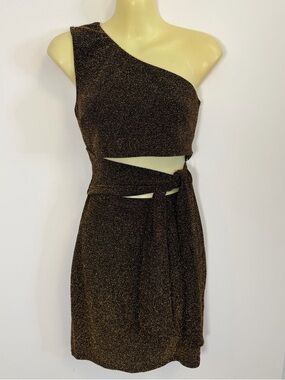 Blue Blush One-Shoulder Golden Sparkle Black Cutout Dress